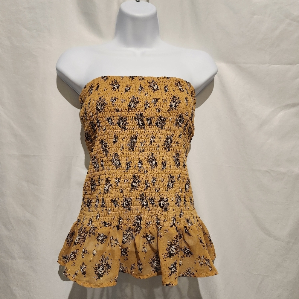 Almost Famous Strapless Top Size L Mustard Black Smocked Whimsigoth Fairy Y2K‎